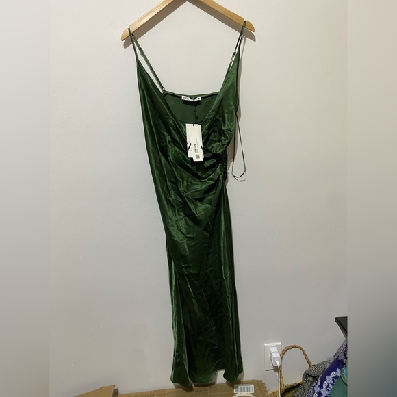 Zara Olive Green Satin Slip Midi Dress - Picture 3 of 4